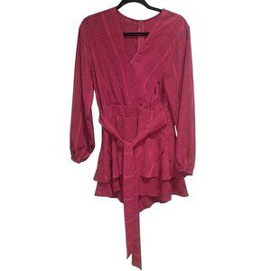 Womens Burgundy M Long Sleeve Jumper Romper Shorts V-neck Tie Waist Layered Hem